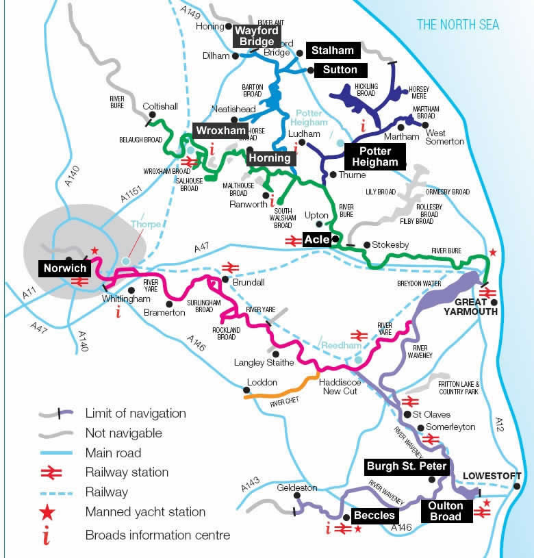 A map showing boat hire locations Norfolk Broads